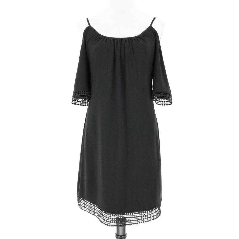 WHBM Dress Womens Small Black Crepe A-line Lace Trim Cold Shoulder Resort